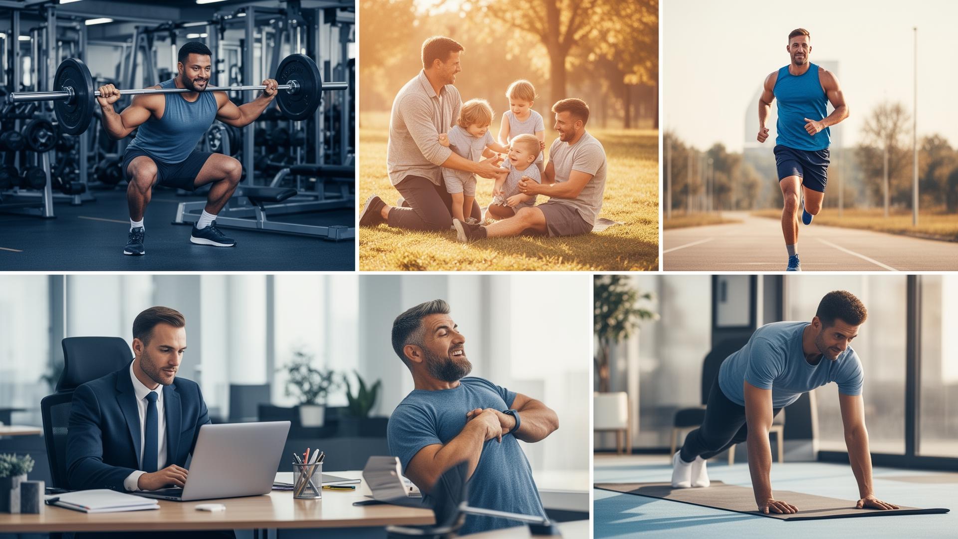 Men in various activities - lifting weights, family time, running, working, exercising
