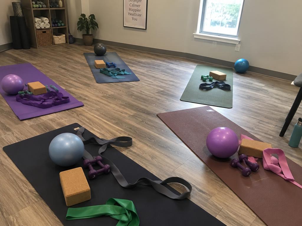 Purposeful Pilates class setup — five mats with Pilates balls, straps, blocks, light dumbbells and Therabands in the Mend movement space in Upper Montclair, NJ
