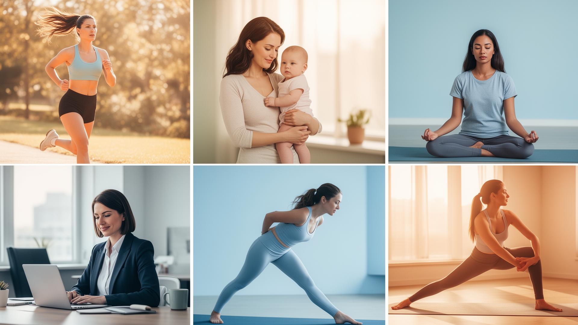 Women in various activities - running, motherhood, meditation, yoga, working